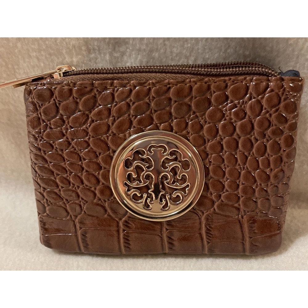 Womens Brown Double Top Zipper Wallet Faux Crocodile Gold Colored Emblem